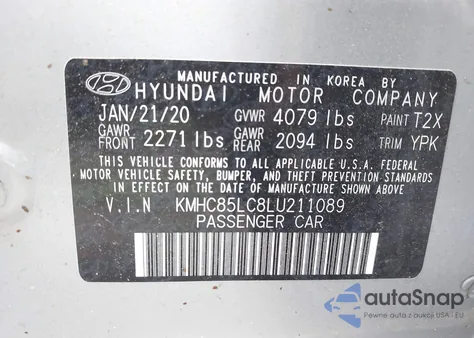 2020 Hyundai Ioniq Hybrid Sel z USA, uszkodzony, nr VIN KMHC85LC8LU211089